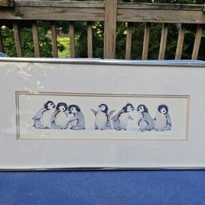 Vintage watercolor painting of baby penguins, matted,‎ framed, and signed